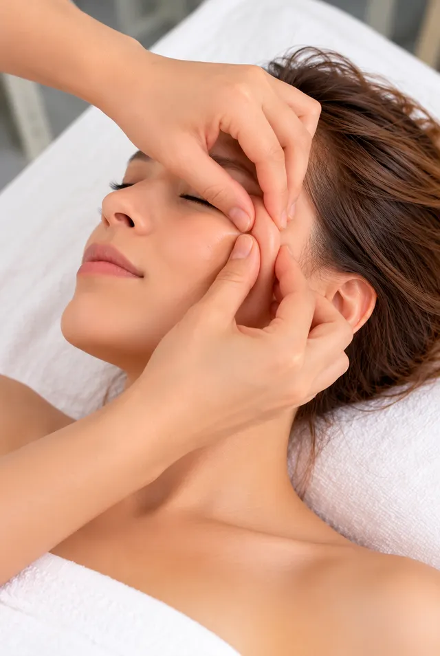 Hands gently massaging the cheek and temple