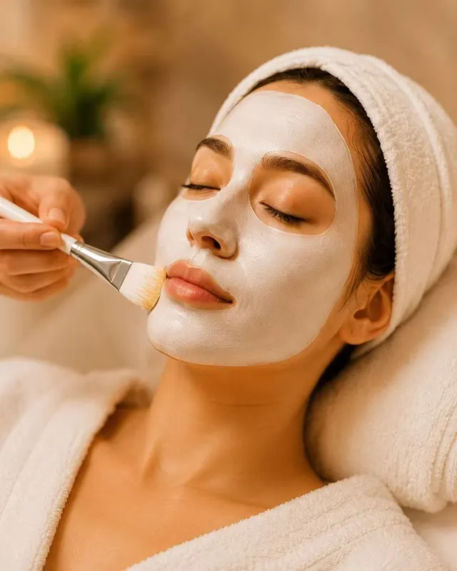 Facial mask applied with a brush during a customized facial in Arcadia