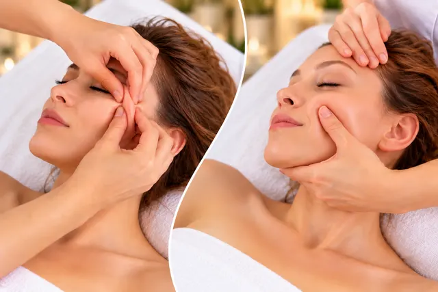 Two close-up views of hands performing facial lifting massage
