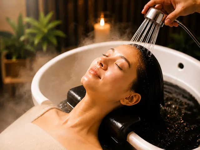 Warm water rinsing the scalp at a head spa basin