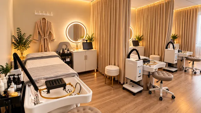 Head spa stations arranged beside a wooden walkway and curtains
