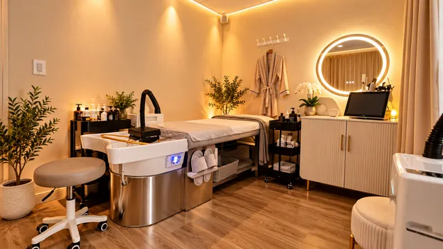 Angled view of a head spa bed, gold rinse arch and treatment trolley