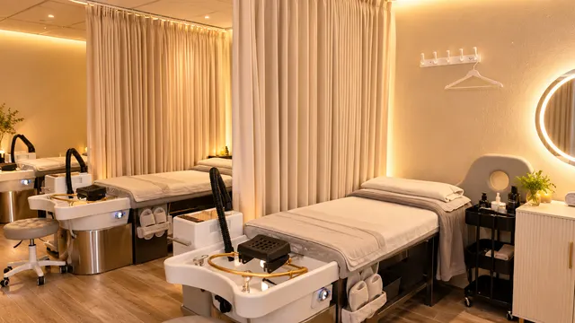 Side view of head spa beds separated by beige curtains