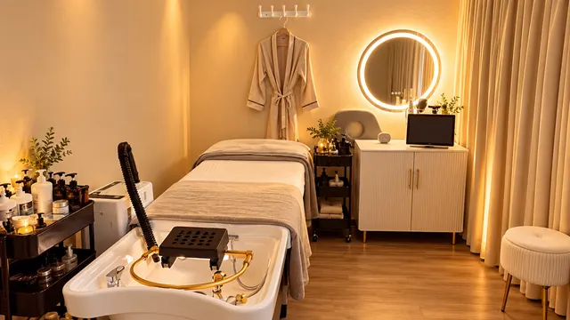 A head spa bed and basin facing a round illuminated mirror