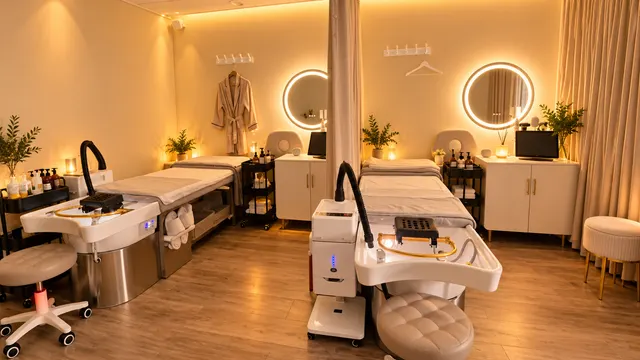 Two head spa beds with basins and softly illuminated mirrors