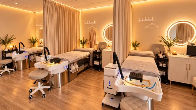 Three head spa stations with basins and curtain dividers