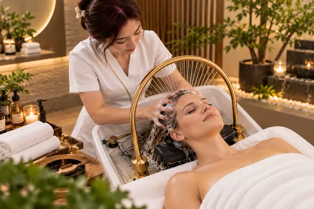 Scalp massage beneath a gold waterfall arch