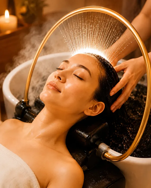 Head spa in Arcadia, with a waterfall rinse flowing over the scalp