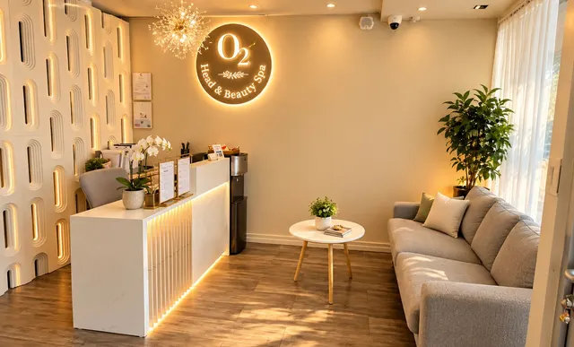 O2 reception desk and sofa beneath an illuminated wall sign