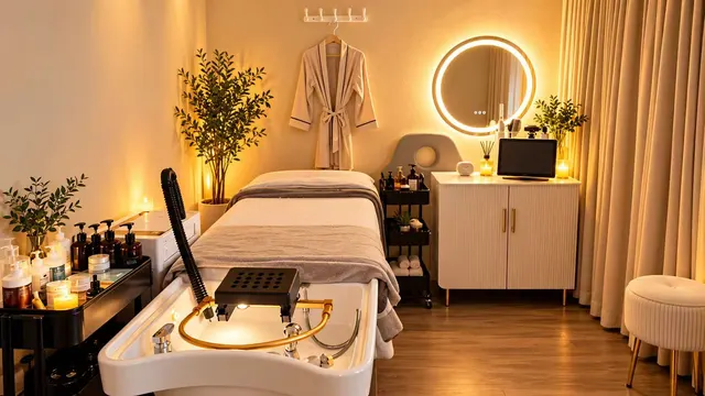 Swedish Massage & Hot Stones treatment area in Arcadia, with a cushioned bed, white basin and round mirror