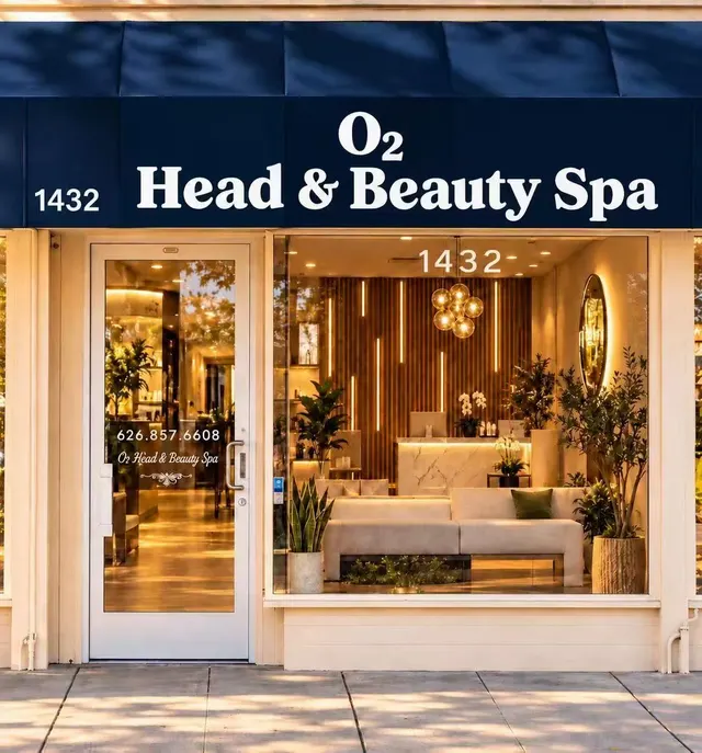 The O2 Head & Beauty Spa storefront at 1432 S Baldwin Ave in Arcadia, a navy awning with white lettering above a glass door and shop window