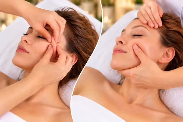 Myofascial Facial Lifting in Arcadia, showing hands working along the cheek and jaw