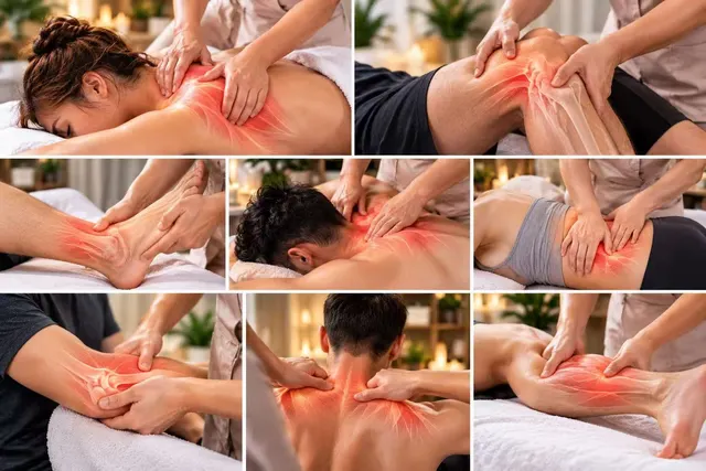 Sports Recovery Massage in Arcadia, showing shoulder, back and leg work with muscle illustrations