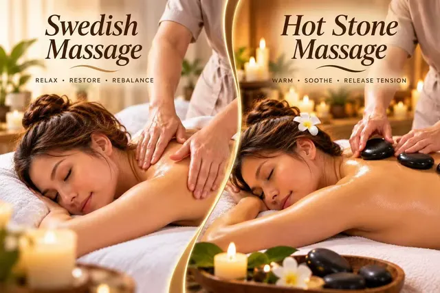 Swedish Massage & Hot Stones in Arcadia, showing manual back massage beside a hot stone treatment